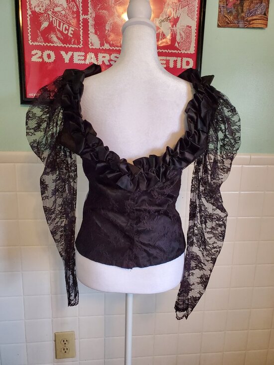 Vintage 80s Black Floral Lace Whimsigoth Long Sleeve Blouse Top Size Small - Picture 7 of 11